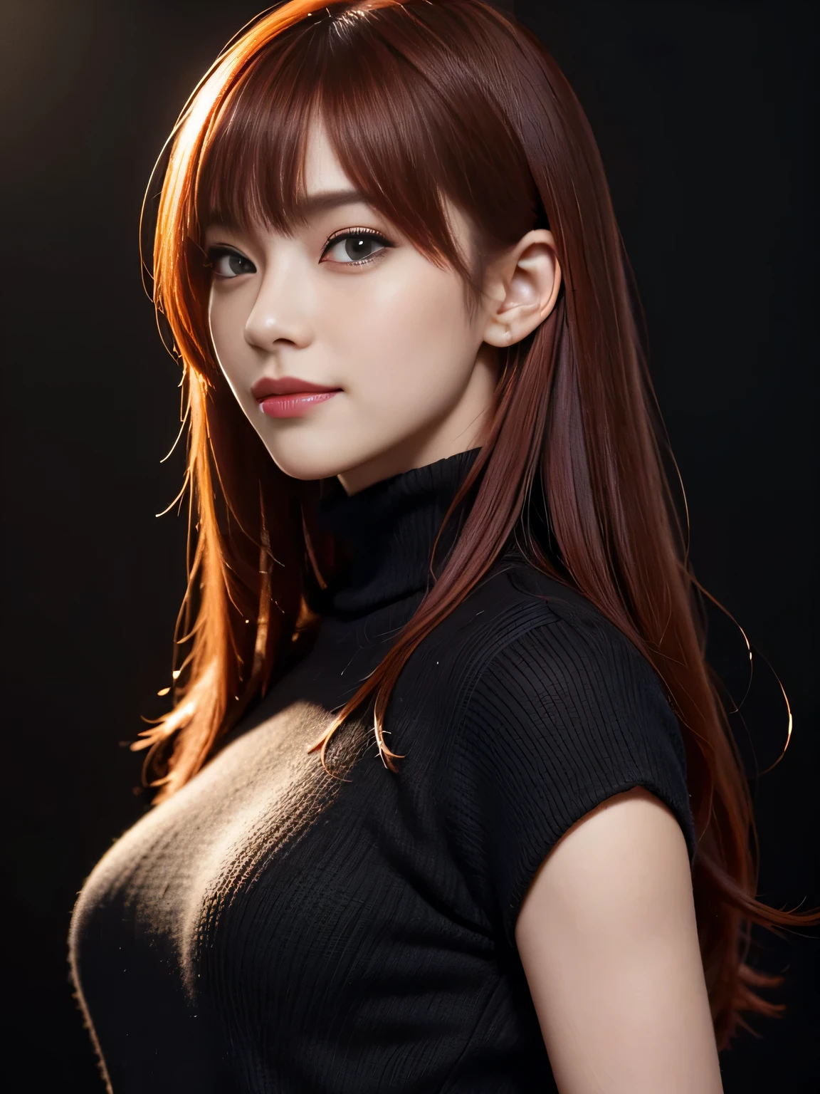 masterpiece, best quality, ultra-detailed, intricately detailed hyperdetailed, realistic, sharp features, highly detailed, sharp focus, Cute Japanese, young adult, perfect face, perfect face, perfect symmetrically perfect eyes, perfect full lips, flexible female form, hyper detailed, hyper realistic, high resolution, vibrant, dynamic studio lighting, Moody Lighting, Underexpose Lighting, ((Dark background)), (discret smile), Red hair, asymmetrical hair, asymmetrical bangs, brown Eyes, black sweater, cowboy shot,