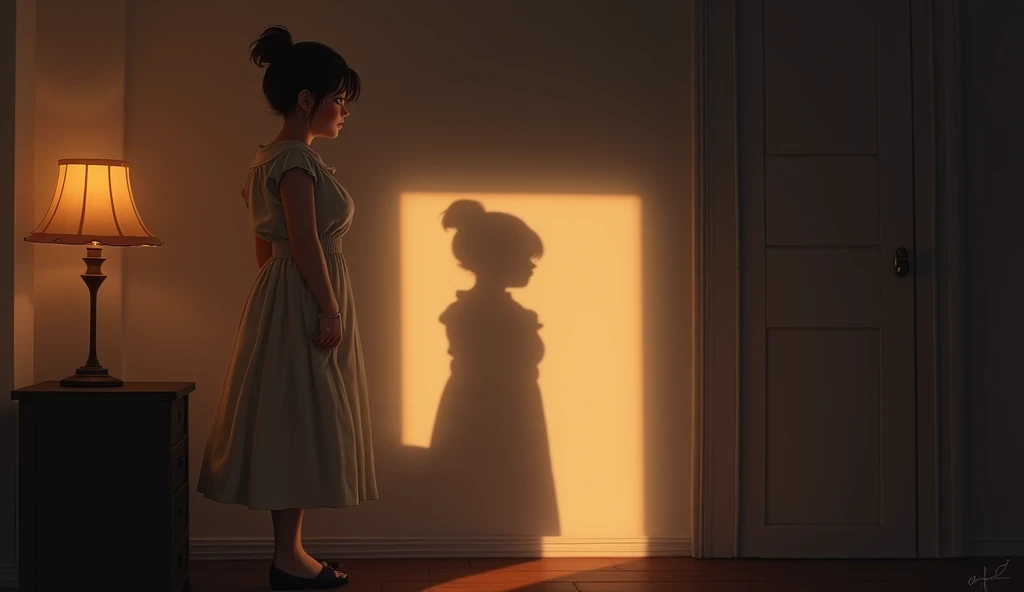 Create a romantic and nostalgic scene where a person is standing in a dimly lit room, looking at their shadow on the wall. The person, dressed elegantly, is slightly shy or bashful, with a soft blush on their face. The room has a warm, golden glow from a nearby lamp, and the overall atmosphere is calm and intimate.