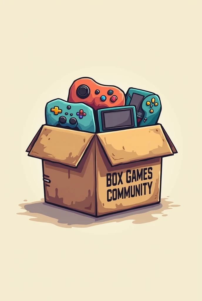 create a logo with electronic games inside a cardboard box with the words Box Games Community written on the box