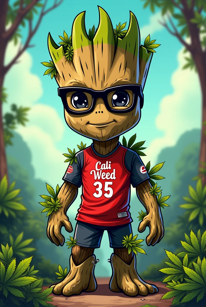 groot avec des lunettes noir et des petites plantes de canabis qui pousse sur lui avec un maillot du stade rennais rouge et noir floqué Cali weed 35 en cartoon