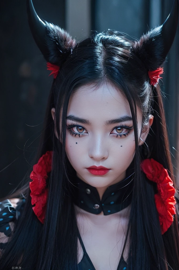 A dark blue leopard, black spots, scarlet red eyes somewhat gloomy, a black horn on the forehead, and five tails, surrounded by darkness and shadows,