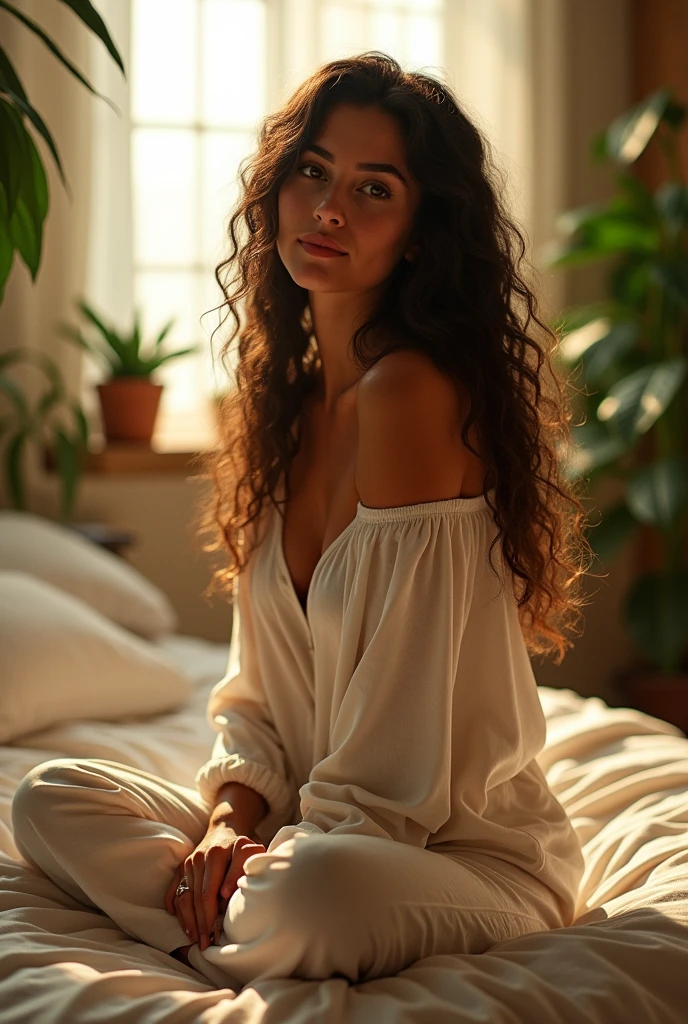 (photorealism:1.2), beautiful woman, sitting on bed, wearing loose off-shoulder top, pajama pants, long curly hair, indoors, soft lighting, plants in background, window with sunlight, cozy room, relaxed pose, realistic, intricate details, warm colors, by Greg Rutkowski, by Alphonse Mucha