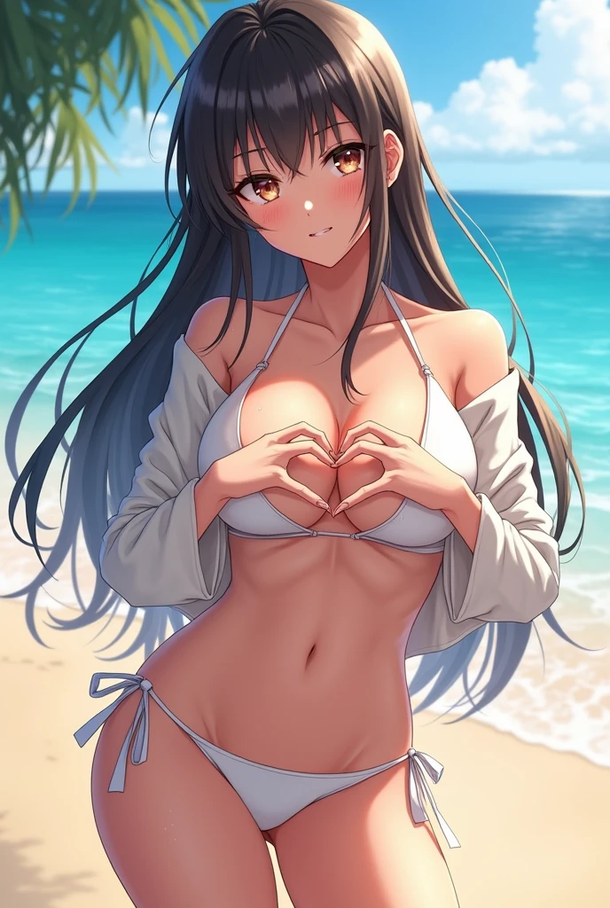 score_9, score_8_up, score_7_up, source_anime BREAK 1girl, solo, looking at viewer, cowboy shot, detailed background, e X, stomach, navel, white bikini, white pantie-tie bikini bottom, blue shrug \(clothing\), long sleeves, wristband, baseball cap, huge breasts, undesideboob, beach, ocean, sunlight, waterdrop, heart hands,