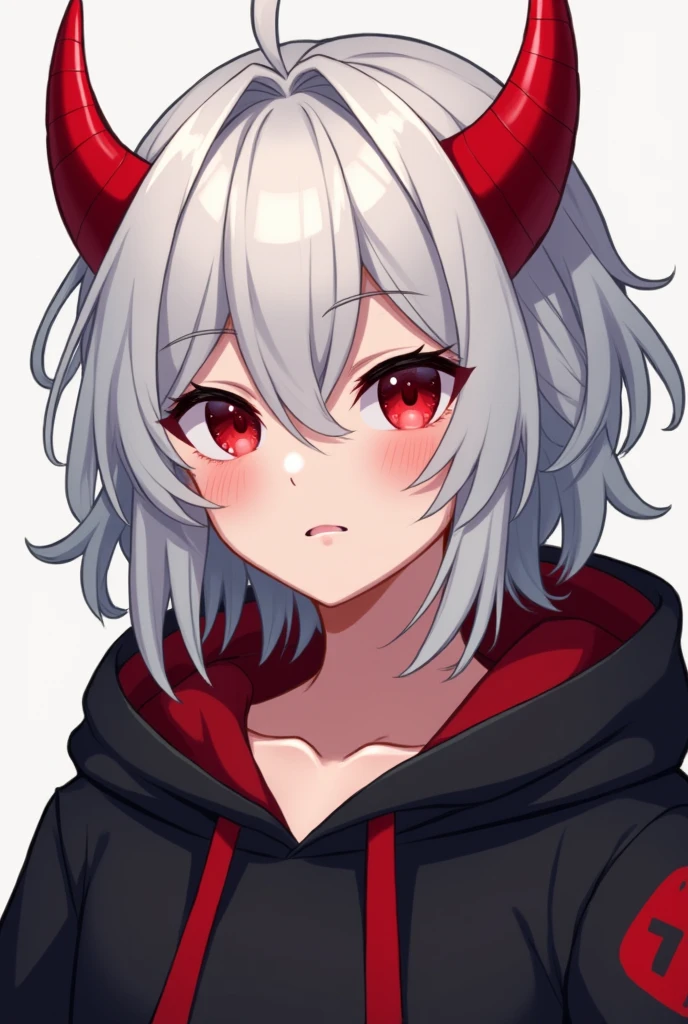 Anime boy with two red horn and red eye
And white hair and wear black hoddie