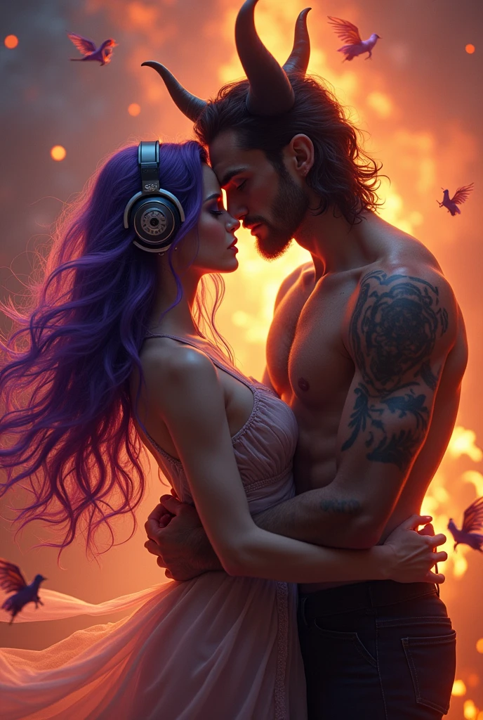 Korean purple hair butterfly woman with headphone and transparent clothes kissing Santanas in hell kissing the devil handsome man