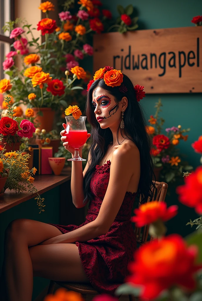 Photoshoot of a beautiful woman with the concept of Dios de los Muertos sitting and holding a red drink and a room full of colorful flowers and a sign with the name Ridwangrapher
