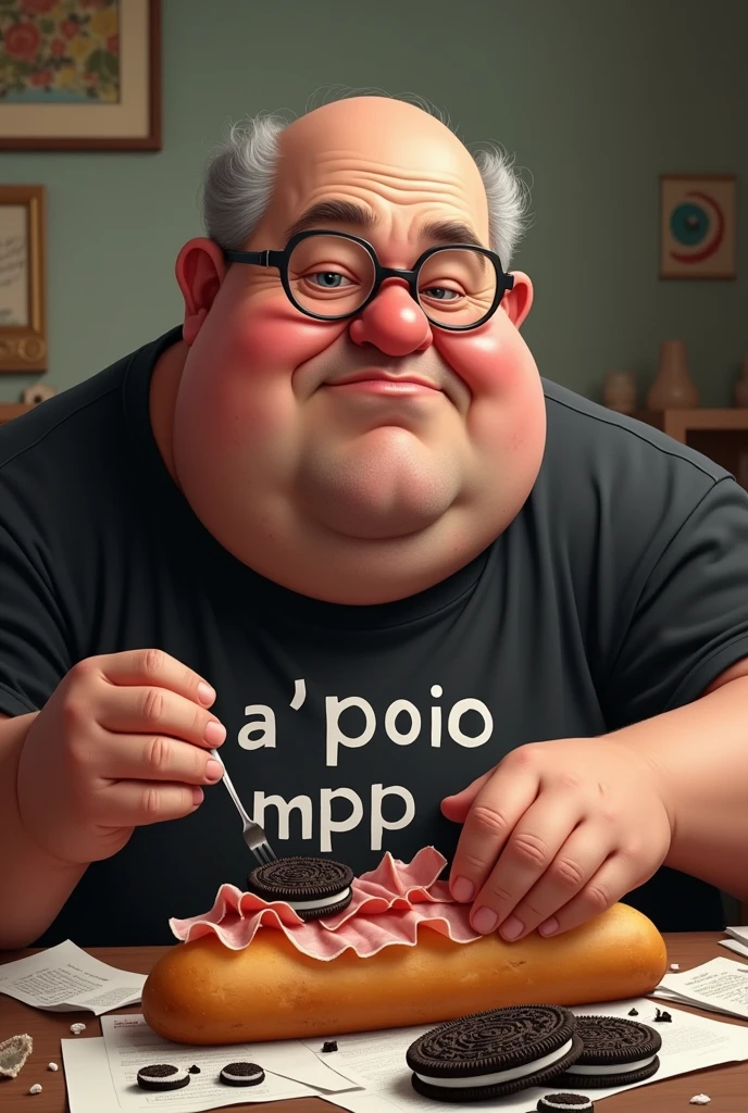 white male, aged 50, baldie, fatter, very pot-bellied, cheeky, wrinkled face, wearing glasses, eating baguette with ham, with Oreo cookies on a table, papers and crumbs on the table. Wearing a black shirt with the words A'POIO MPF written on it