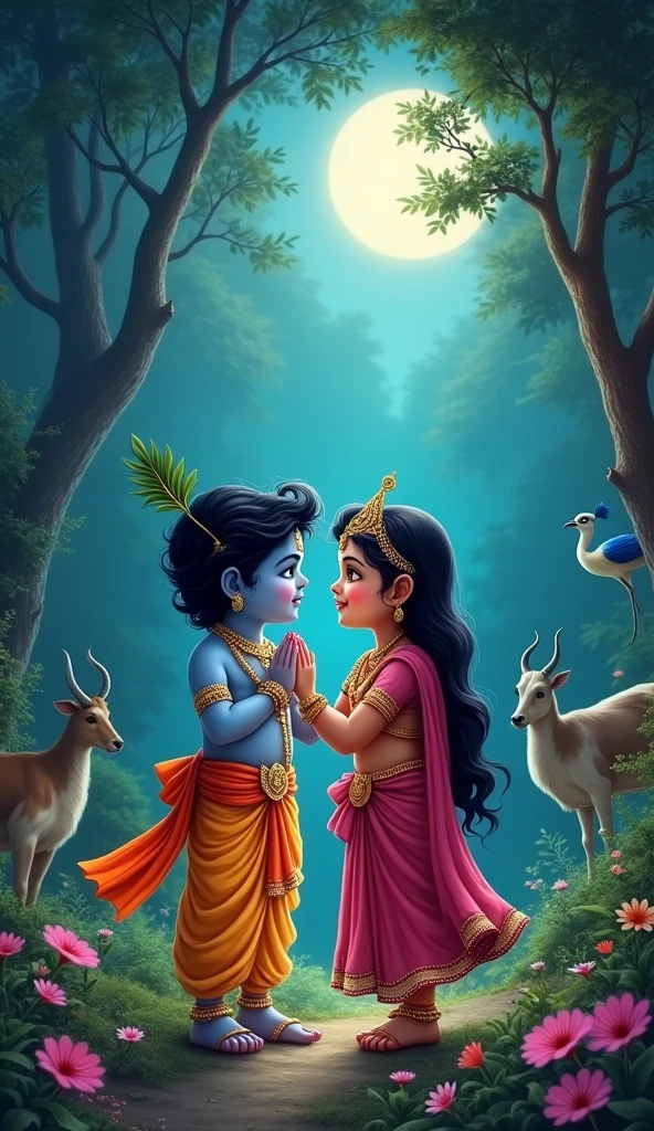 Create realistic picture  " little Lord Krishna and Radha images " krishna is smiling Face. Krishna is playing with his radha in the beautiful forest at nights.  There should be beautiful colorful birds, moon , Cow's , flowers, green trees , Peacock and waterfalls all around them. Big words Happy Krishna Janmashtami should be written behind them. 