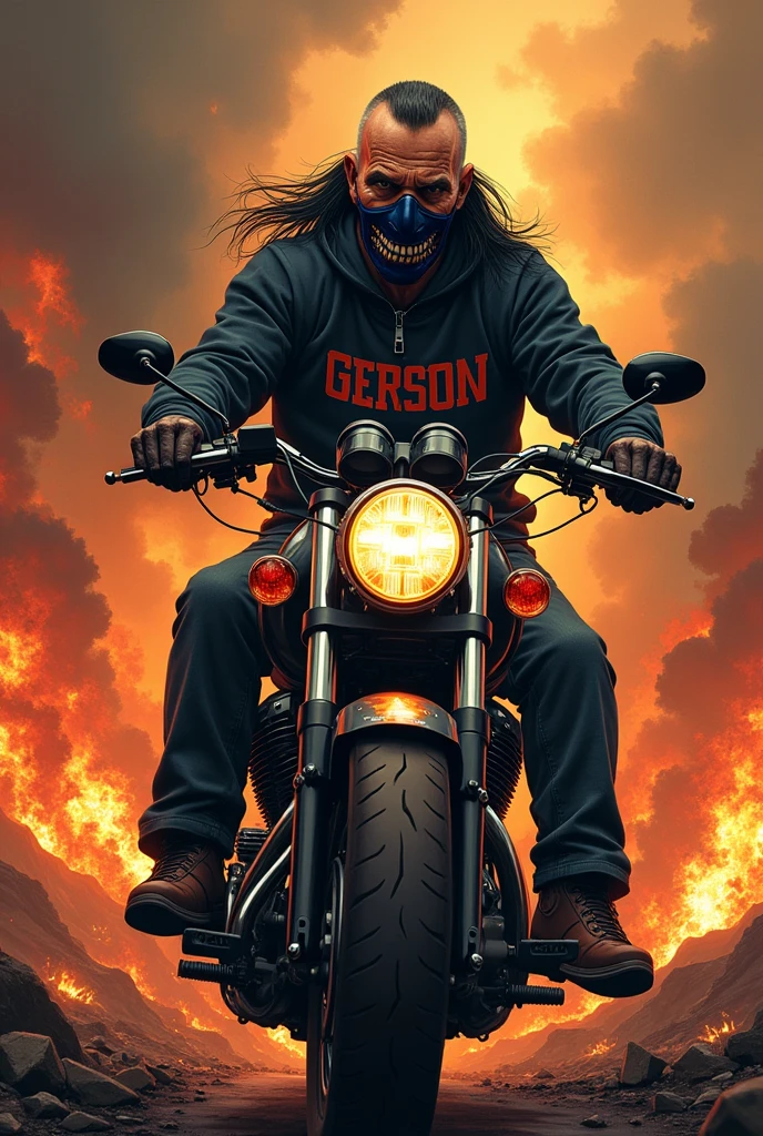 Old metalhead, with a sweatshirt with the name Gerson in blackmetal style letters, in a landscape of destruction and war in hell with lots of fire, megadeth style illustration, Medium long black hair shaved viking style viking style haircut age 60 years old call of duty ghost mask on motorcycle ghost rider style long hair and mask