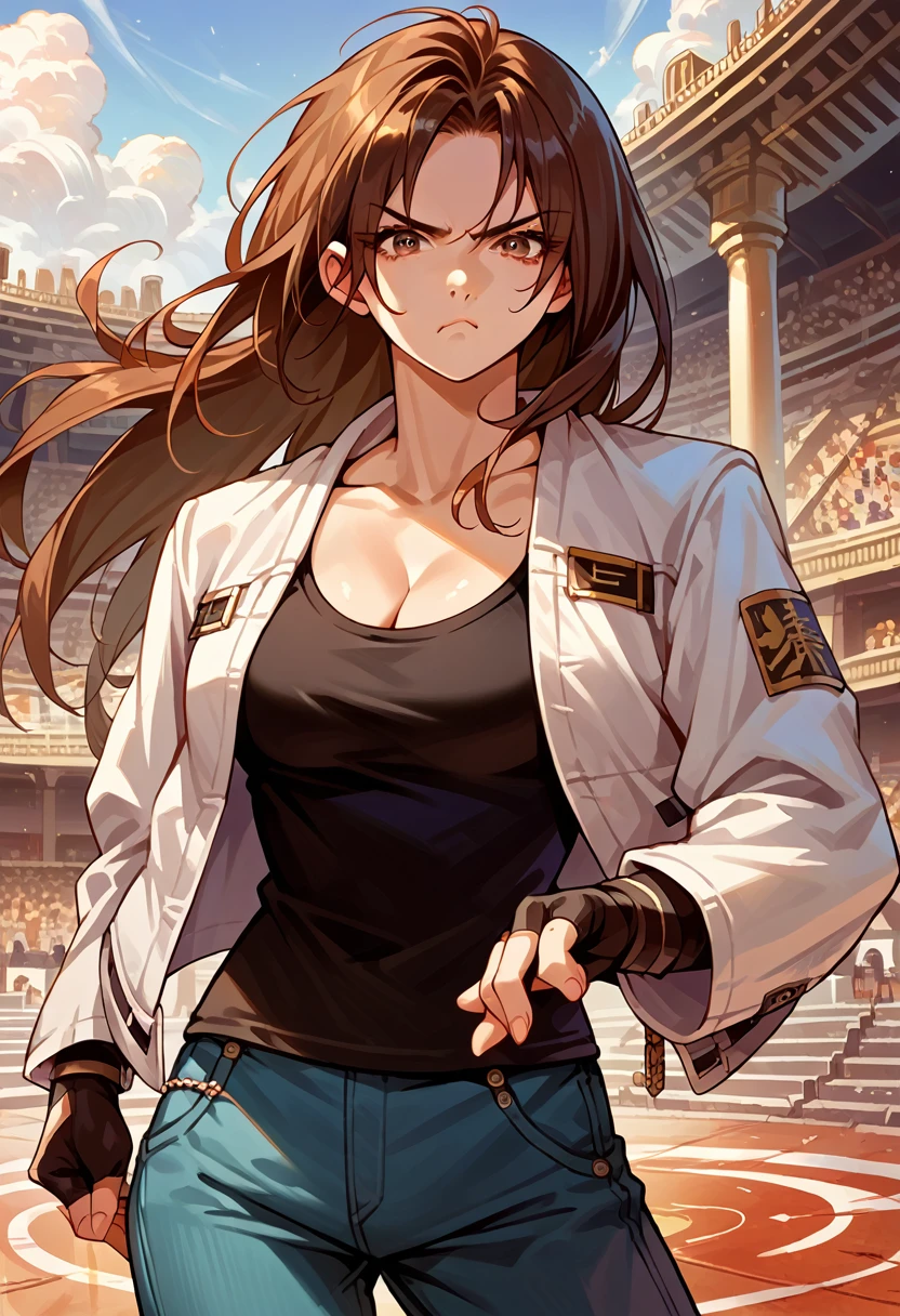 score_9, score_8_up, score_7_up, source_anime, 1girl, solo, (female:1.5), female focus, kyo_nest, brown hair, long hair, brown eyes, white jacket, open jacket, black shirt, blue pants, chain, cleavage, fingerless gloves, standing, pout, looking at you, coliseum