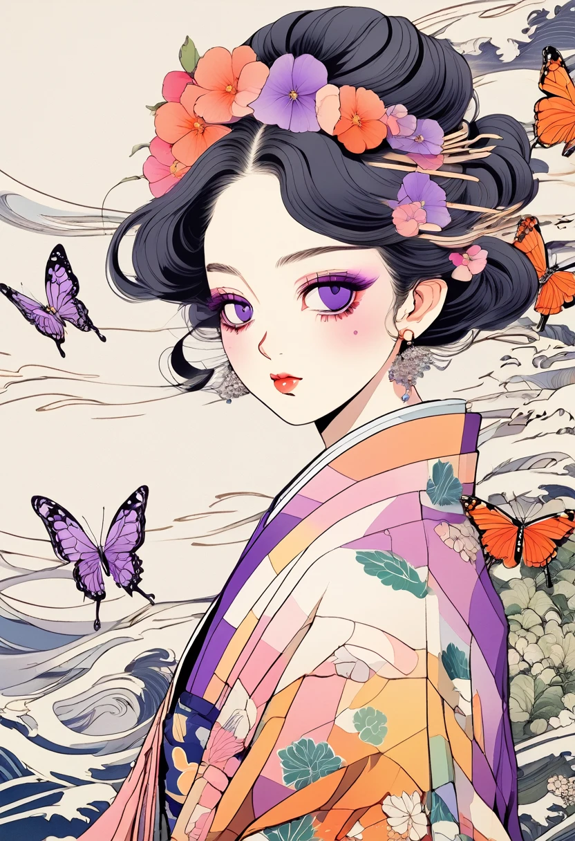 A mesmerizing surreal illustration of a young japanese woman resembling Shinobu Kouchou. She has black hair, purple eyes, a butterfly hair ornament, and wears a vibrant pastel colored outfit adorned with intricate floral patterns. Freckles dot her smooth, warm complexion, and bold, colorful tattoos cover her arms and legs. The tattoos feature traditional Japanese motifs like flowers and mythical creatures, rendered with meticulous detail in a pastel color palette. The background is a vintage floral-patterned wallpaper that complements the artwork's colors. The line work is precise, with delicate shading that gives the illustration a 3D quality. The artwork fuses modern illustration techniques with traditional Japanese aesthetics, resulting in a visually striking, portrait,
