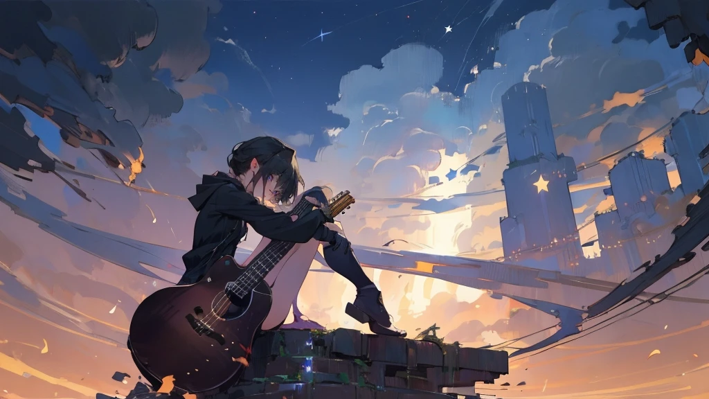 masterpiece,night,(dark alley),star、Night evening Sky、milky way、octone、
(1. Female), (solo), Knee hugging sitting,acousticguitar