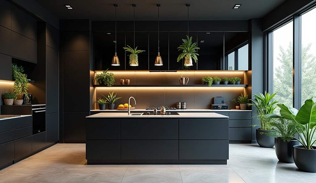 Create a high-quality, sleek black kitchen design with custom-made glass cabinets with LED lighting in the cabinets with pendant lights that incorporate green potted plants