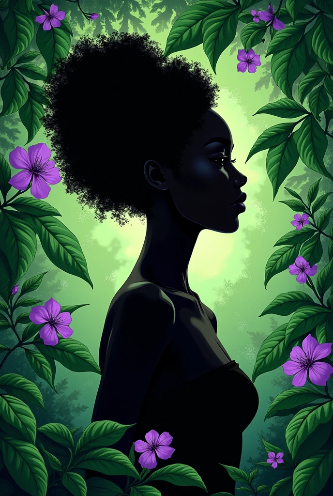 Book cover with Silhouette of black woman with basil leaves and flowers in green and purple color