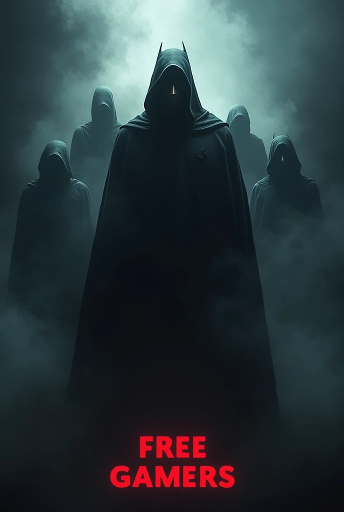 A dark background with a man in a cape with smoke in the background , that has several dark people behind it with a sign below that says “FREE GAMERS”