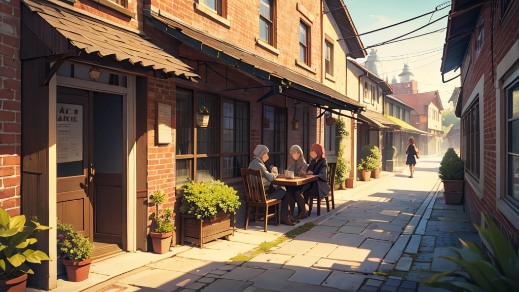 Two friendly women are chatting in a quaint brick cafe