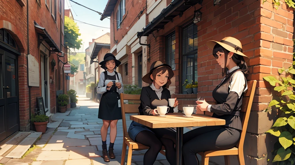 Two friendly women are chatting in a quaint brick cafe