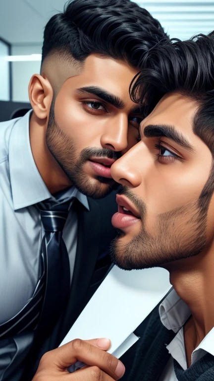 Business man Indian Gurjar gay couple mouth to mouth kissing man with big shinning eyes big lips wide jawline beautiful hunk face spiky black hairstyle, kissing in office 