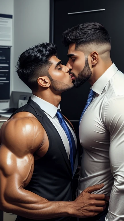 Business man Indian Gurjar gay couple mouth to mouth kissing man with big shinning eyes big lips wide jawline beautiful hunk face spiky black hairstyle, kissing in office 