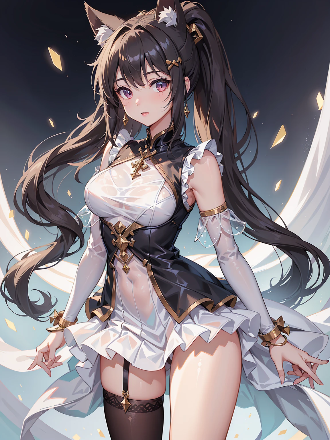 (A girl in her twenties with dog ears),Cheerfulness,(Charmed:0.2),Highest quality,masterpiece,The ultimate solution、Perfect body,Ponytail brown hair,Jewel-like eyes,((See-through white school uniform),(Beautiful costumes),bikini, Black Stockings,Long legs