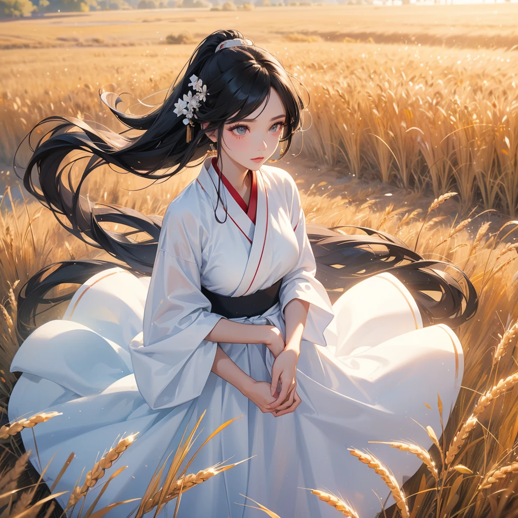 A black hair beautiful female in white hanfu dress , Standing in the middle of a wheat field,close up.