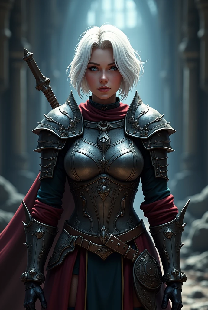 2d art, Keyleth vox machina, White hair, shorth hair, medieval armor, hight contrast, two tone lighting