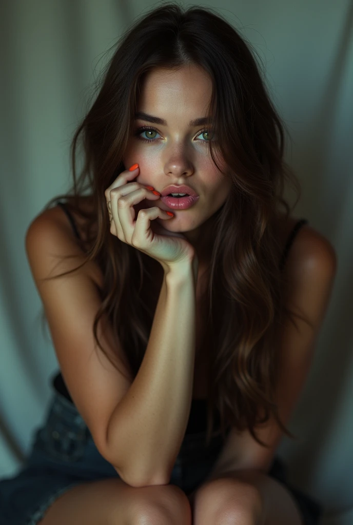 girl with long brown hair , black light eyes, with sexy look , and a cut on the lip , hyper detailed photography , soft light, portrait, realist, full body sitting with legs crossed on a chair throwing a kiss