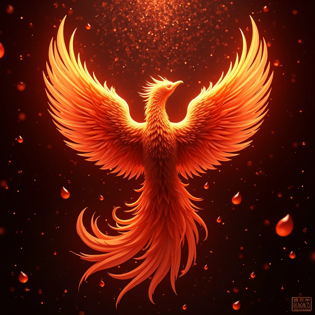 A mythical phoenix, Droplets of china red creating an abstract geometric pattern, dark-glittered background. Beautiful cinematic lighting, surreal, color graded, dynamic movement, captivating chiaroscuro, (special effects:0.1), full body, award-winning, cinematic still, emotional, vignette, dynamic, vivid, (masterpiece, best quality, photorealistic, Professional, perfect composition, very aesthetic, absurdres, ultra-detailed, intricate details:1.3)