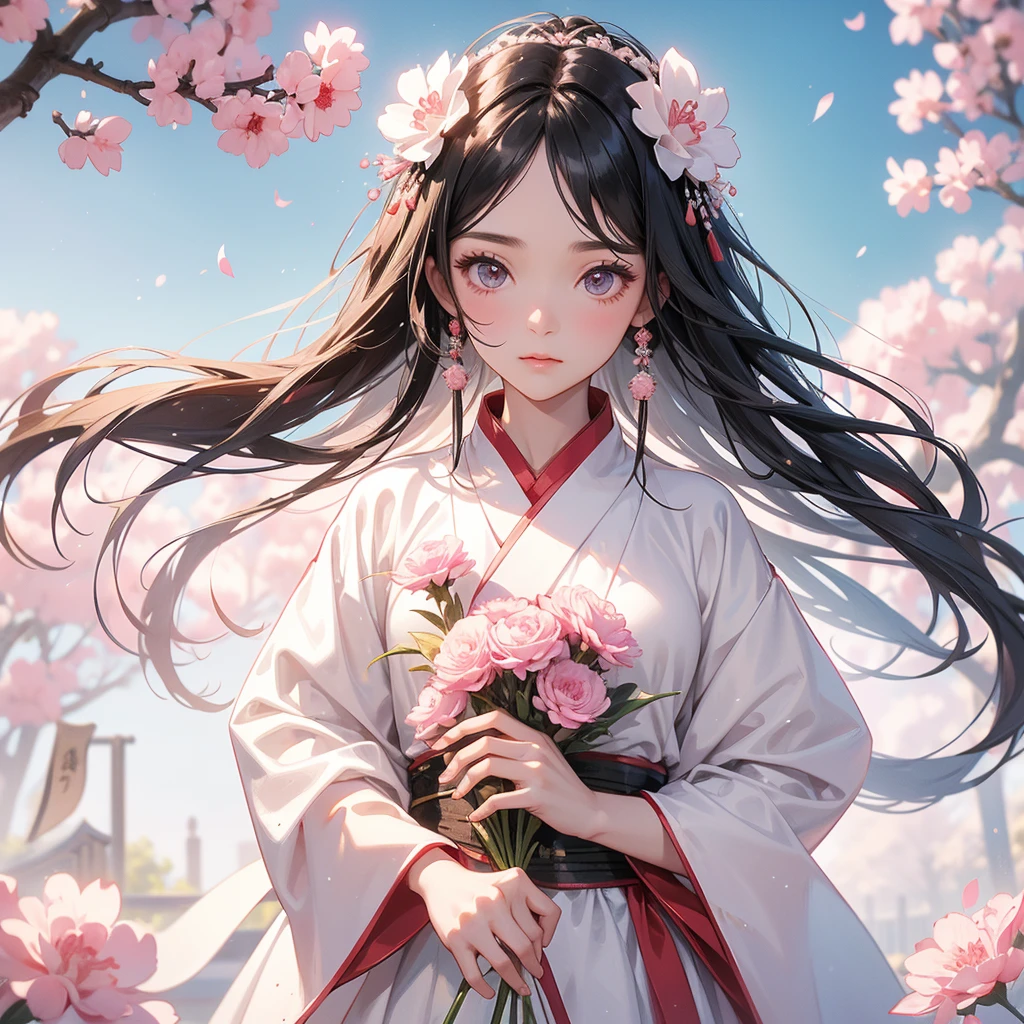 A black hair beautiful female in white hanfu dress , Standing in the middle of pink carnations,close up.