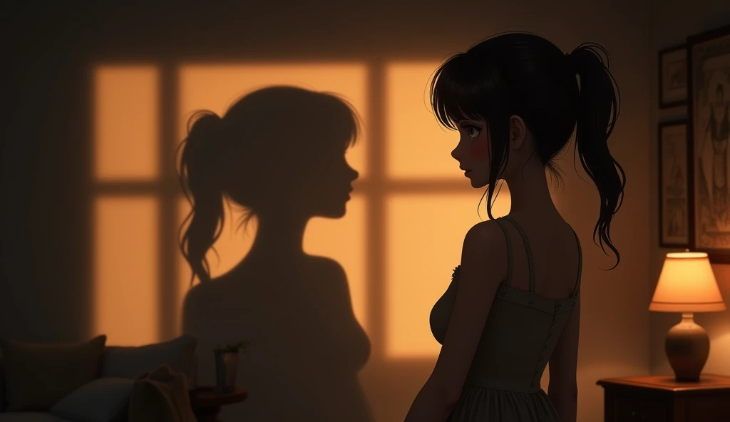 Create a romantic and nostalgic scene where a person is standing in a dimly lit room, looking at their shadow on the wall. The person, dressed elegantly, is slightly shy or bashful, with a soft blush on their face. The room has a warm, golden glow from a nearby lamp, and the overall atmosphere is calm and intimate.