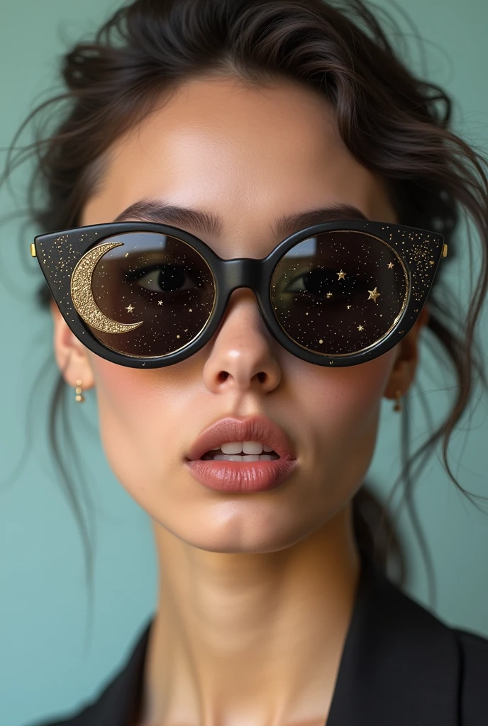 The model is wearing glass sunglasses with stars and the moon on the glass