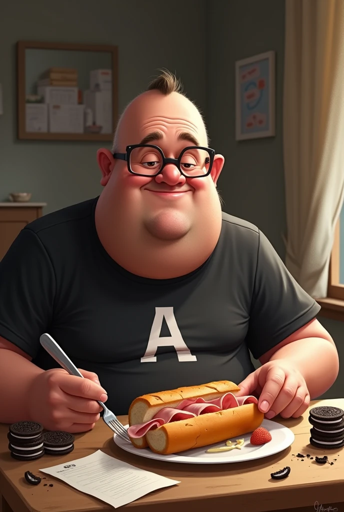 white male, aged 50, baldie, fatter, very pot-bellied, cheeky, wrinkled face, wearing glasses, eating baguette with ham, with Oreo cookies on a table, papers and crumbs on the table. Wearing a black shirt with the word A written on it,MPF POINT
