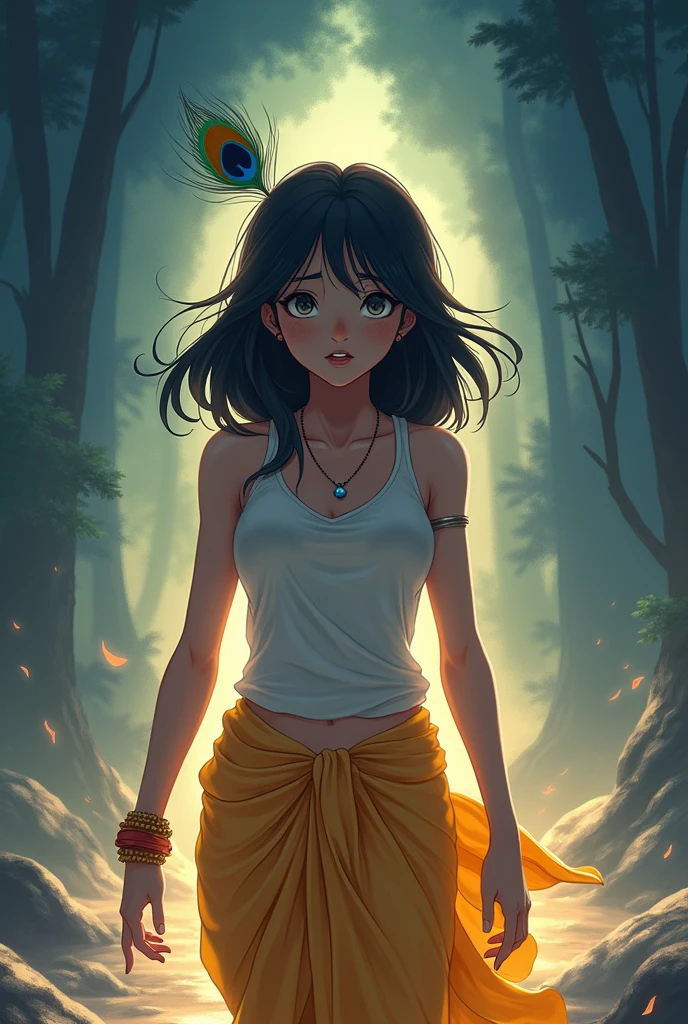Visualize an anime-style scene where a woman is in a dangerous situation, feeling fearful. Baby Krishna, around 2 to , appears behind her, radiating a protective and comforting aura. His bluish-black skin shines with a divine light, and his eyes are full of assurance and safety. He’s dressed in a yellow dhoti, with a small peacock feather in his hair. The background should show a calming, glowing light that contrasts with the danger, symbolizing Krishna’s divine protection."