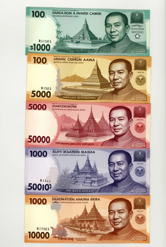 Design for Each Denomination
1. 100 RISES
• Color: Light Blue
• Front: General Aung San portrait on the right, “100 RISES” in large font.
• Back: Image of Shwedagon Pagoda.
2. 200 RISES
• Color: Green
• Front: General Aung San portrait on the right, “200 RISES” in large font.
• Back: Image of Bagan Temples.
3. 500 RISES
• Color: Orange
• Front: General Aung San portrait on the right, “500 RISES” in large font.
• Back: Image of Inle Lake.
4. 1000 RISES
• Color: Red
• Front: General Aung San portrait on the right, “1000 RISES” in large font.
• Back: Image of Mandalay Hill.
5. 5000 RISES
• Color: Purple
• Front: General Aung San portrait on the right, “5000 RISES” in large font.
• Back: Image of Ngapali Beach.
6. 10000 RISES
• Color: Brown
• Front: General Aung San portrait on the right, “10000 RISES” in large font.
• Back: Image of U Bein Bridge.
7. 50000 RISES
• Color: Gold
• Front: General Aung San portrait on the right, “50000 RISES” in large font.
• Back: Image of Kyaiktiyo Pagoda.