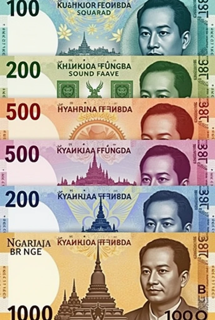 Design for Each Denomination

	1.	100 RISES
	•	Color: Light Blue
	•	Front: General Aung San portrait on the right, “100 RISES” in large font.
	•	Back: Image of Shwedagon Pagoda.
	2.	200 RISES
	•	Color: Green
	•	Front: General Aung San portrait on the right, “200 RISES” in large font.
	•	Back: Image of Bagan Temples.
	3.	500 RISES
	•	Color: Orange
	•	Front: General Aung San portrait on the right, “500 RISES” in large font.
	•	Back: Image of Inle Lake.
	4.	1000 RISES
	•	Color: Red
	•	Front: General Aung San portrait on the right, “1000 RISES” in large font.
	•	Back: Image of Mandalay Hill.
	5.	5000 RISES
	•	Color: Purple
	•	Front: General Aung San portrait on the right, “5000 RISES” in large font.
	•	Back: Image of Ngapali Beach.
	6.	10000 RISES
	•	Color: Brown
	•	Front: General Aung San portrait on the right, “10000 RISES” in large font.
	•	Back: Image of U Bein Bridge.
	7.	50000 RISES
	•	Color: Gold
	•	Front: General Aung San portrait on the right, “50000 RISES” in large font.
	•	Back: Image of Kyaiktiyo Pagoda.