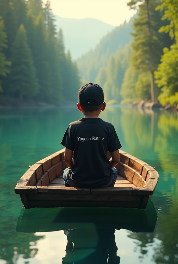 a serene lake with crystal clear water, a 1 boy sitting on boat,the boy wearing a black cap and tshirt , YOGESH RATHOR name on the tshirt, wooden boat, lush green forest in the background, golden hour lighting, highly detailed, photorealistic, dramatic lighting, realistic reflections, stunning landscape, vibrant colors, cinematic composition, RATHOR name on the cap
