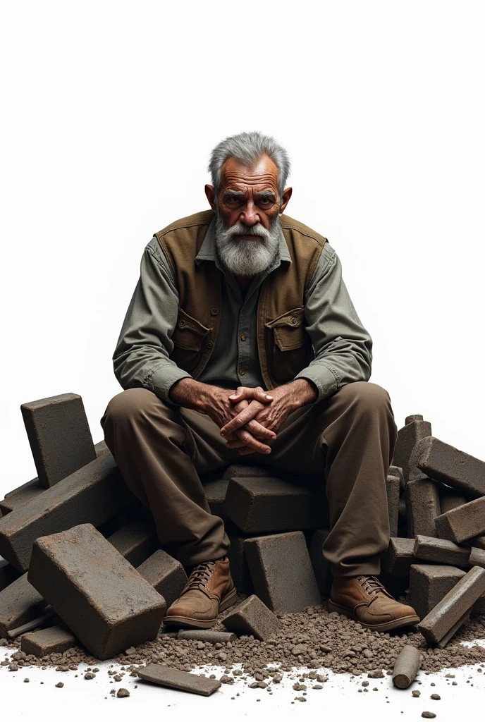 A metal scrap man character sitting on metal ingots with white background