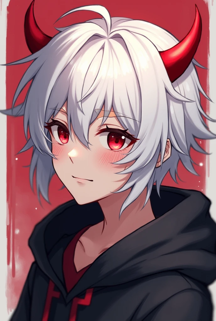 Anime boy with two red horn and red eye
And white hair and wear black hoddie