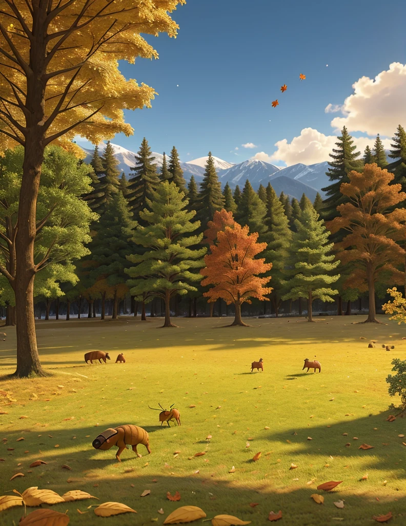 The meadow transitioning from autumn with falling leaves to winter with snow beginning to cover the ground. The ant is still seen working diligently, while the grasshopper is now playing in a more subdued manner, less carefree.