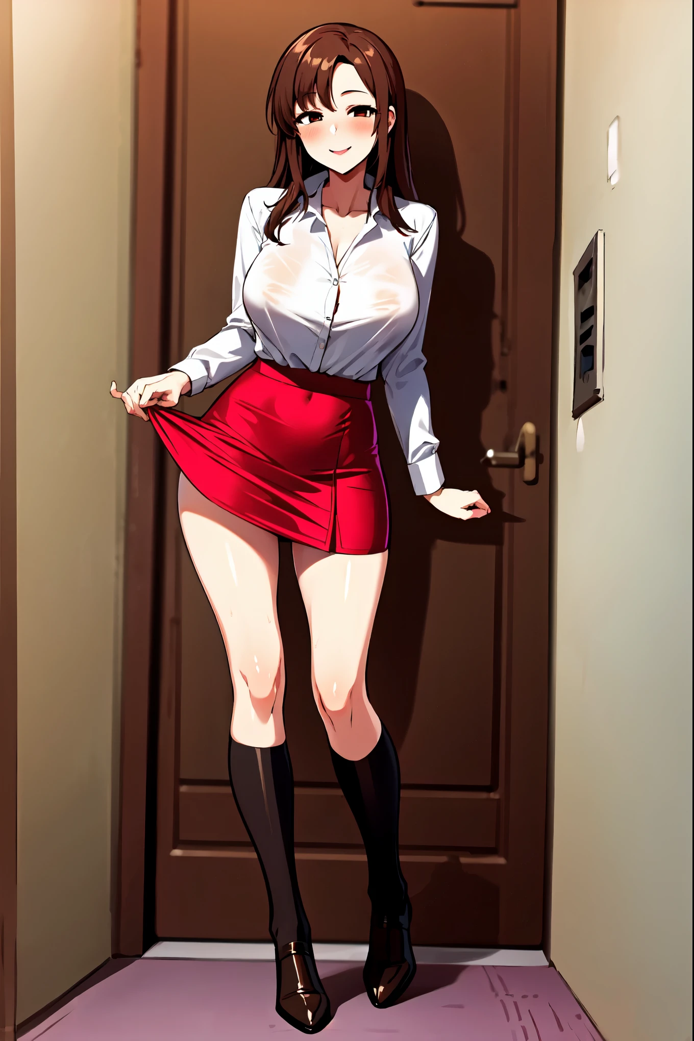 ((super high quality,Ultra-high resolution,16K,super masterpiece,Ultra HD ,Detailed shading,))Full body photo,One sexy woman,Sexy pink dress shirt,popped Tight collar,Red tight skirt up to the knees, Looking at the camera,Brown medium long hair,smile,blush,