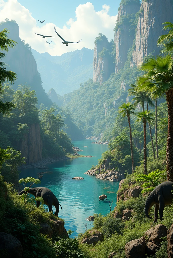 Create an image of what prehistoric Earth would have looked like, highlighting ancient vegetation and animals.