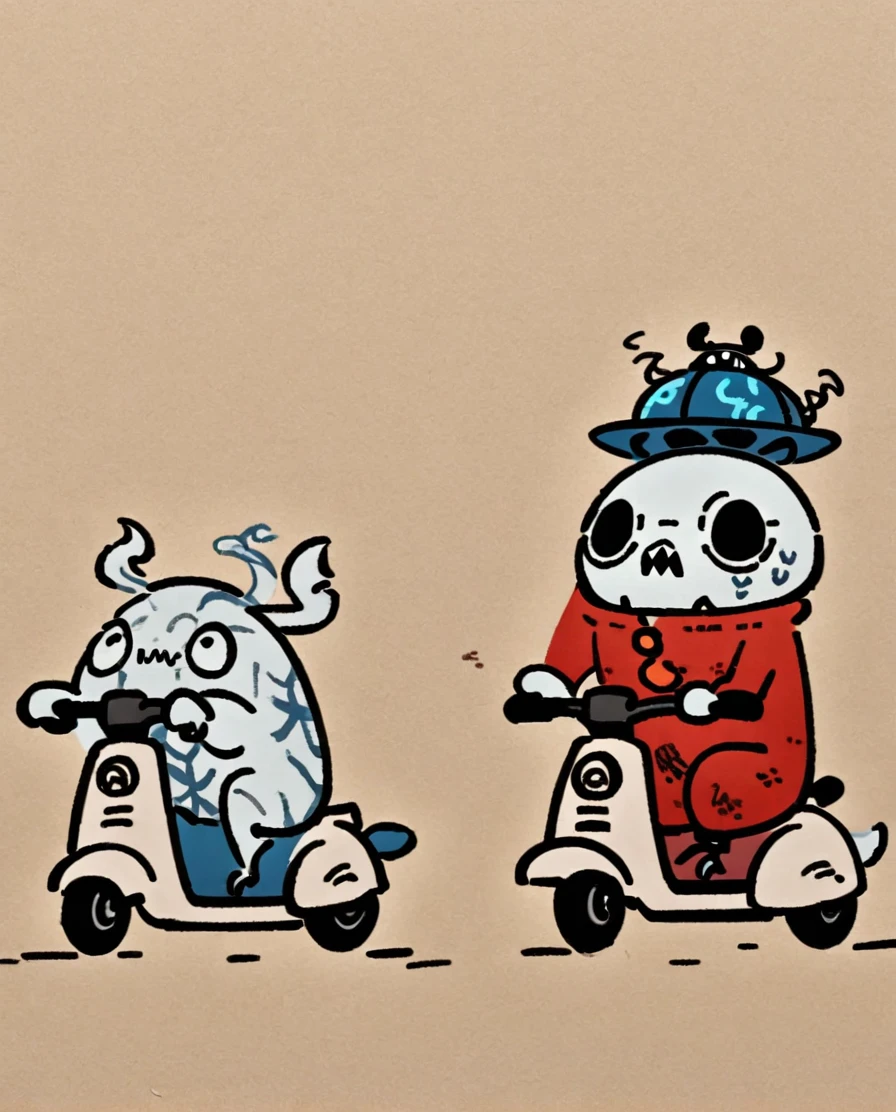 White Spike Lirchin Beetle, charcoal White skin, Circle line eyes, sharp teeth, Blue Fez Hat, Red Sweater Shirts, Orange Bow Tie, Blue Vest, looking at viewer, Evil Happy, Riding Scooter, Desert, Jailbreak, doodle, Style of MFKZ and Helltaker, cosmic horror