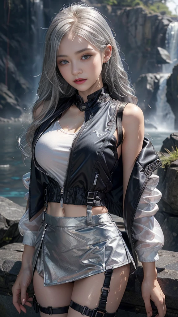 8k, masterpiece, 1 girl, beautiful face, ((very long hair)), glossy makeup, closed mouth, (glossy skin:1.5), detailed eyes, detailed lips, push up breasts, ((silver short jacket)), ((ultra light vest)), ((silver short mini skirt:1.5)), ((under pants)), ((bare thigh)), ((straps clothing:1.5)), (water falling:1.4), steam effect, ((water vapor)), adult pose,