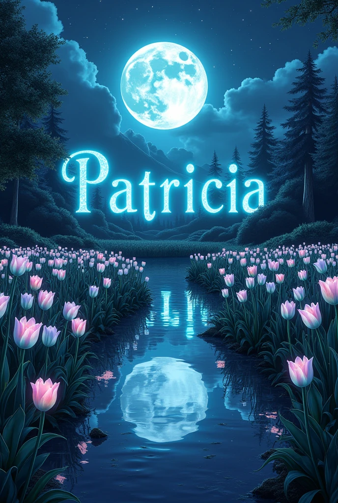 Create a good night image, that has the word in the background "Patricia" that has many tulip-like flowers, in a night landscape under the moonlight, that looks very supernatural,.that the landscape reflects the beauty of life, tulips of many colors, especially turquoise, and in the background you can see the word Patricia