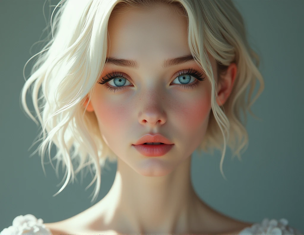 create for me a woman of average height, about 3, your hair is blond, short and smooth; your eyes are blue and your skin is very white.