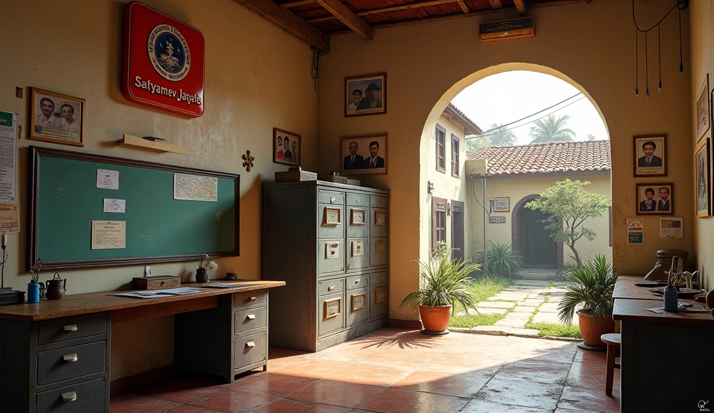 **Maharashtrian ( indian ) Police Station Interior:**
"Create an interior scene of a rural police station in Maharashtra, India. The space should feature weathered wooden desks and metal filing cabinets, with the Indian government's Satyamev Jayate emblem prominently displayed on the wall. Include maps of India and Maharashtra, along with photos of Gandhi, Netaji, and Bhagat Singh. The station has a courtyard with a small banyan tree, traditional arched doorways, and red-tiled roofing. Add water pots in a corner, a pin board filled with case files, and a holding cell with iron bars. The overall atmosphere should reflect a functional police station with authentic traditional Maharashtrian architectural elements."