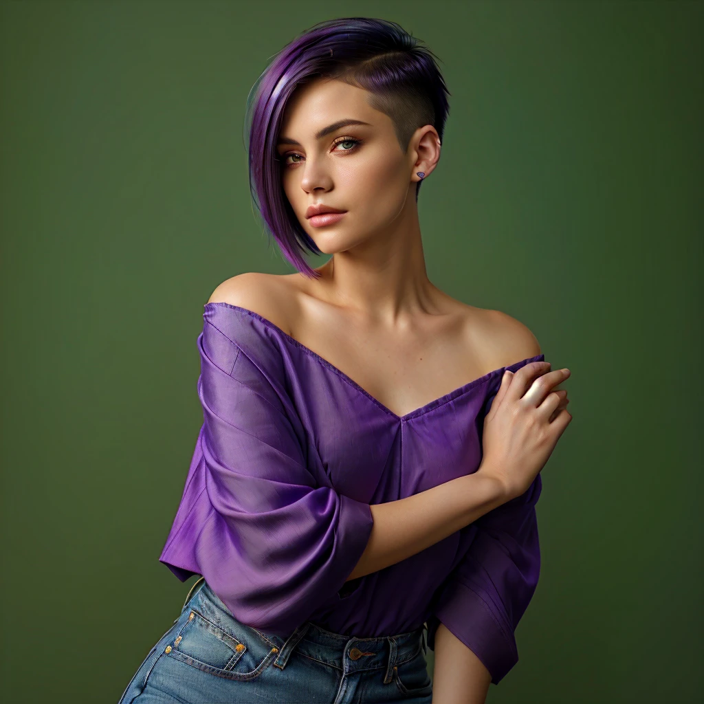 arafed woman with a purple top and blue jeans posing for a picture, asymmetrical haircut, 4 k asymmetrical portrait, head and shoulders photography, pixie cut with shaved side hair, one side haircut, side portrait imagery, with short hair, asymmetrical portrait, editorial portrait, short hair on sides of head, simetrical medium shot, short green bobcut