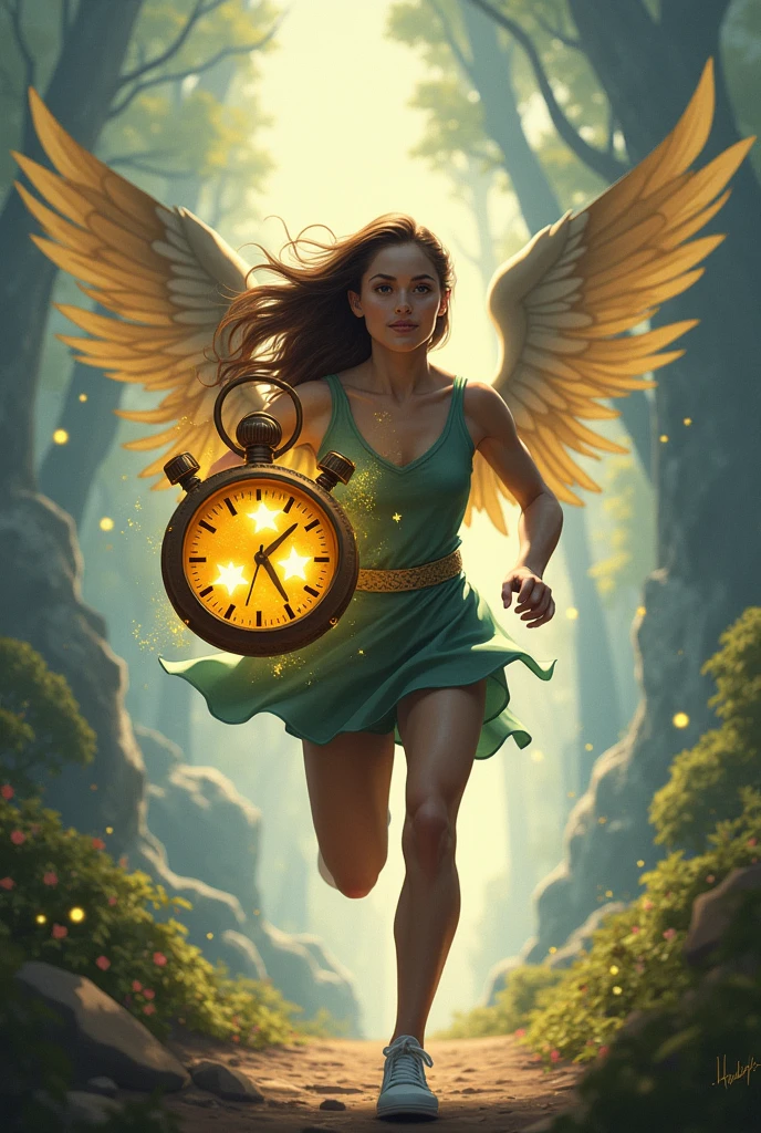 Stopwatch with wings and three golden stars and runner
