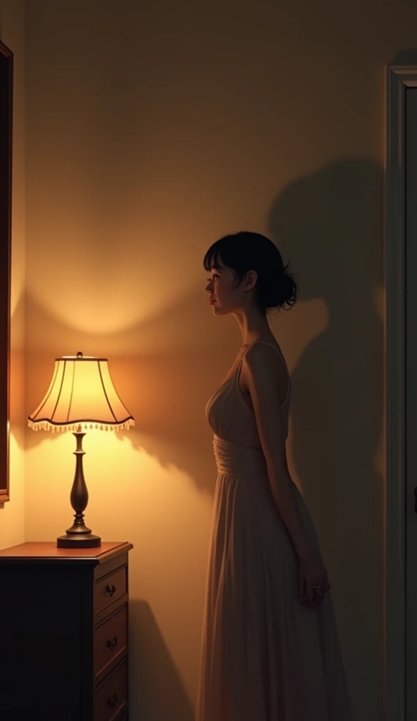 Create a romantic and nostalgic scene where a person is standing in a dimly lit room, looking at their shadow on the wall. The person, dressed elegantly, is slightly shy or bashful, with a soft blush on their face. The room has a warm, golden glow from a nearby lamp, and the overall atmosphere is calm and intimate.