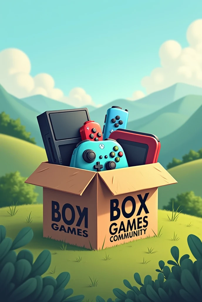 create a logo with electronic games inside a cardboard box behind a landscape with the words Box Games Community written on the box